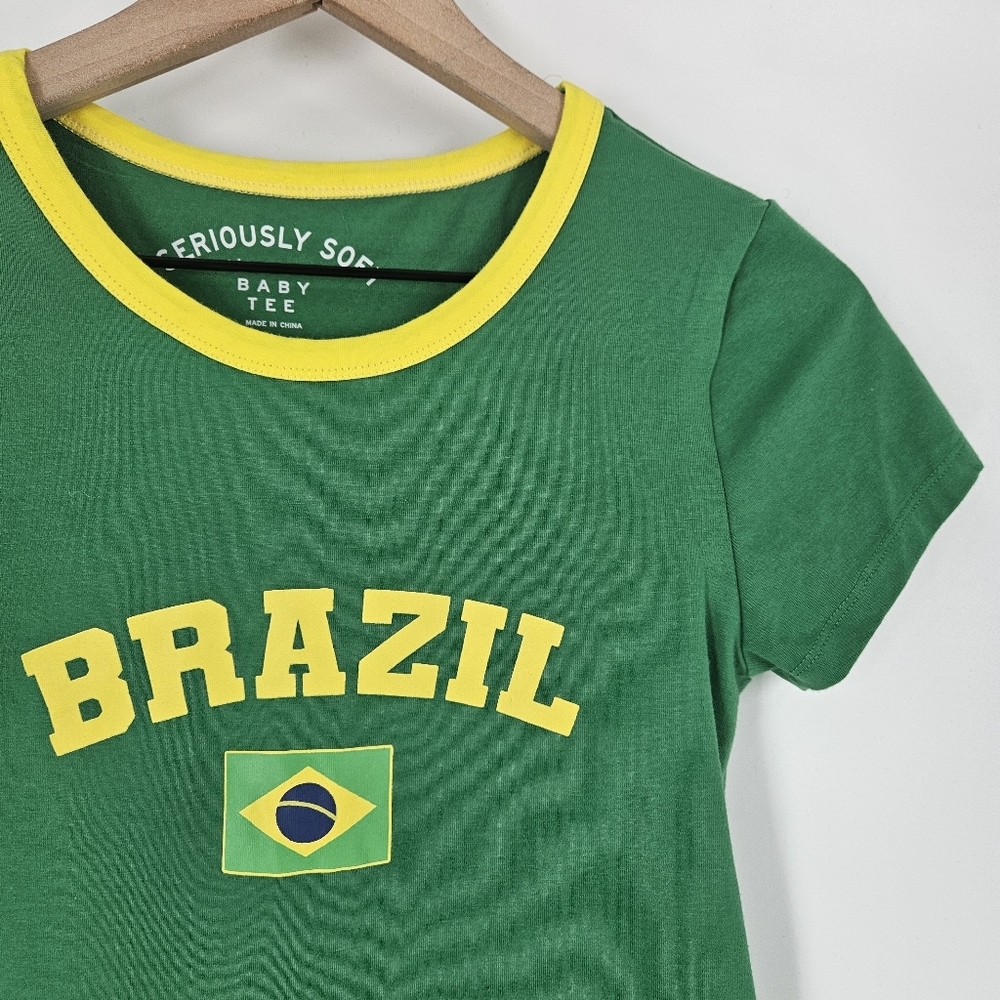 Aeropostale Green Seriously Soft Brazil Graphic Ringer Baby Tee - Picture 4 of 9